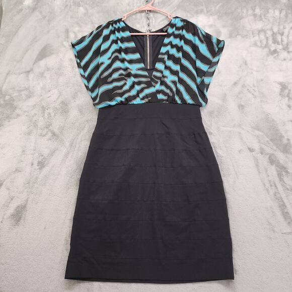 Vintage 90s Y2K Nicole Miller Dress Size 12 Blue Black Chiffon Overlay Bandage - Picture 1 of 9